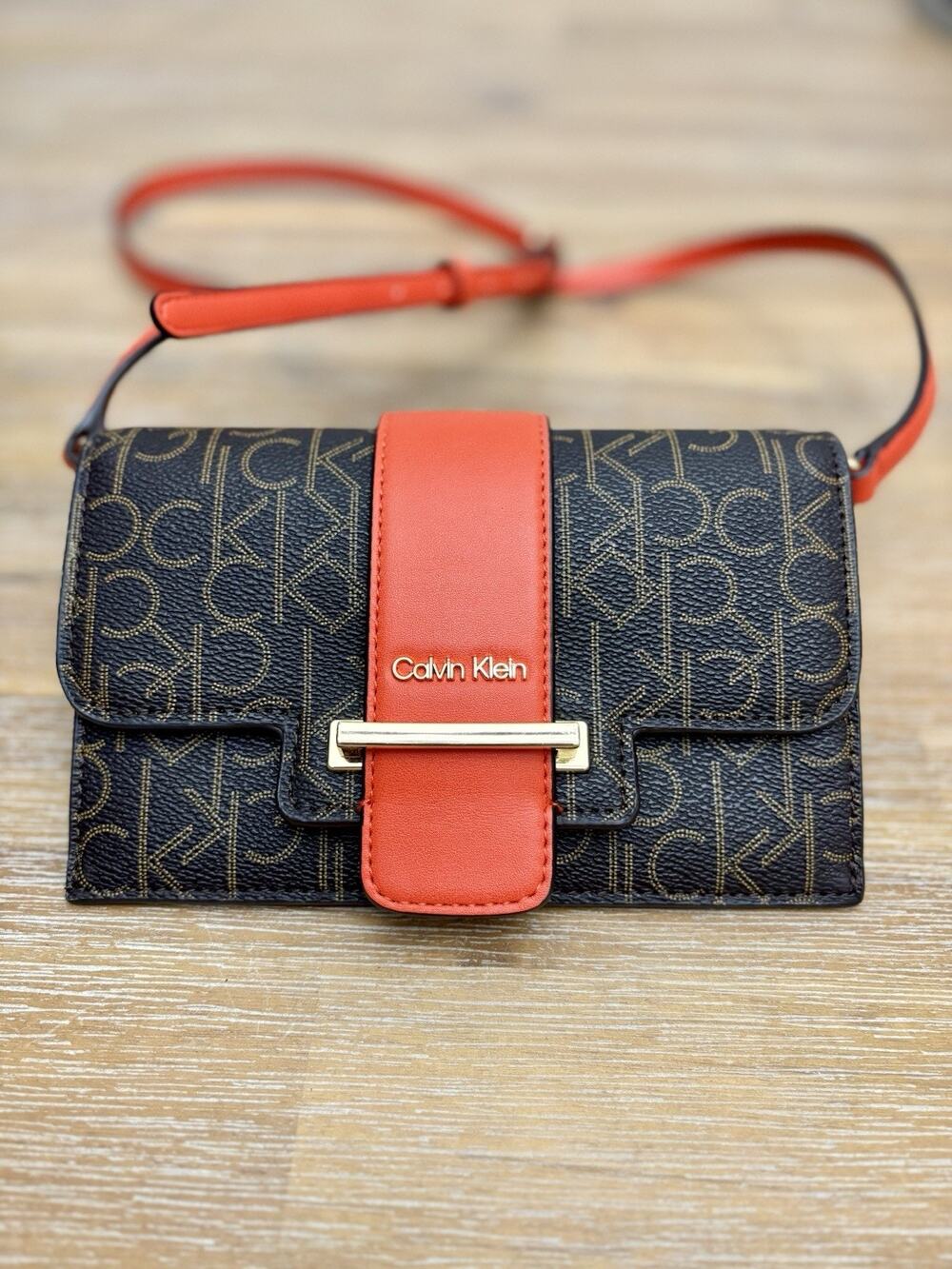Calvin Klein Women’s Monogram Crossbody Wallet Purse Brown/Red Multi Card Slots